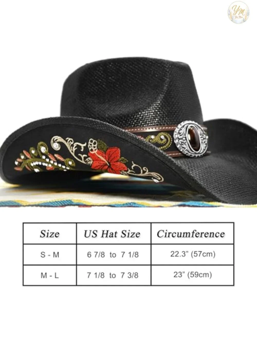 Handmade Straw Cowboy Hat Embroidered Rhinestones Adjustable Sizes